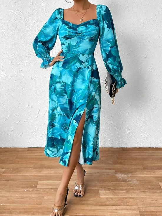 SHEIN Dresses & Skirts - SHEIN Turquoise Floral Puff-Sleeve Midi Dress With All Over Floral Print XL